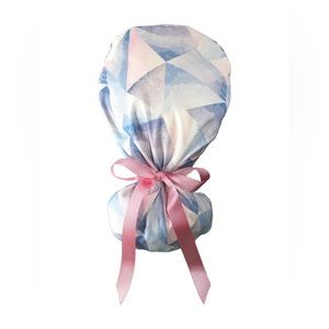 Nursing Scrub Cap with Ribbon Ponytail - Purple Pink Triangles